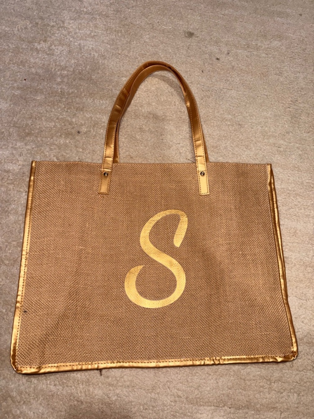 Monogram S Gold-Trim Jute Tote Bag